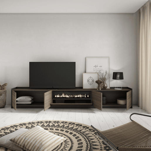 Móvel de TV, Muito espaço de arrumação, 310x37x50 cm, Para televisores até 80, Lareira eléctrica, Estilo moderno, Carvalho escuro e Preto Móvel de TV, Muito espaço de arrumação, 310x37x50 cm, Para televisores até 80, Lareira eléctrica, Estilo moderno, Carvalho escuro e Preto