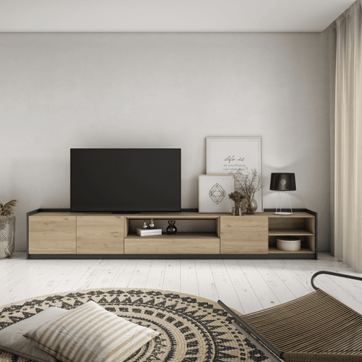 Móvel de TV, Muito espaço de arrumação, 310x37x50 cm, Para televisores até 80, Estante para TV, Estilo moderno, Carvalho e preto