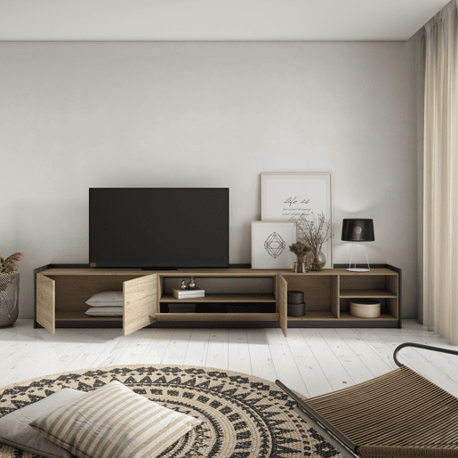 Móvel de TV, Muito espaço de arrumação, 310x37x50 cm, Para televisores até 80, Estante para TV, Estilo moderno, Carvalho e preto