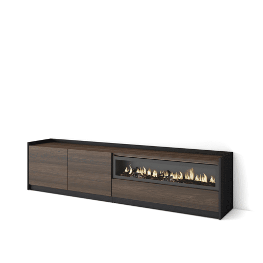 Móvel de TV, Muito espaço de arrumação, 207x37x50 cm, Para televisores até 80, Lareira eléctrica, Estilo moderno, Carvalho escuro e Preto