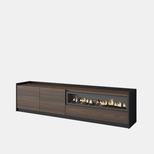 Móvel de TV, Muito espaço de arrumação, 207x37x50 cm, Para televisores até 80, Lareira eléctrica, Estilo moderno, Carvalho escuro e Preto