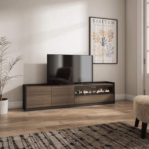 Móvel de TV, Muito espaço de arrumação, 207x37x50 cm, Para televisores até 80, Lareira eléctrica, Estilo moderno, Carvalho escuro e Preto