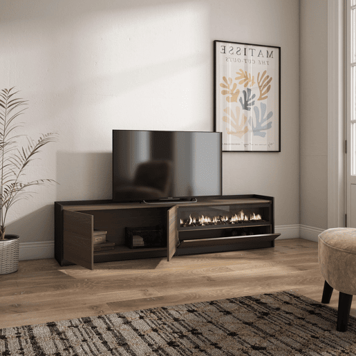 Móvel de TV, Muito espaço de arrumação, 207x37x50 cm, Para televisores até 80, Lareira eléctrica, Estilo moderno, Carvalho escuro e Preto