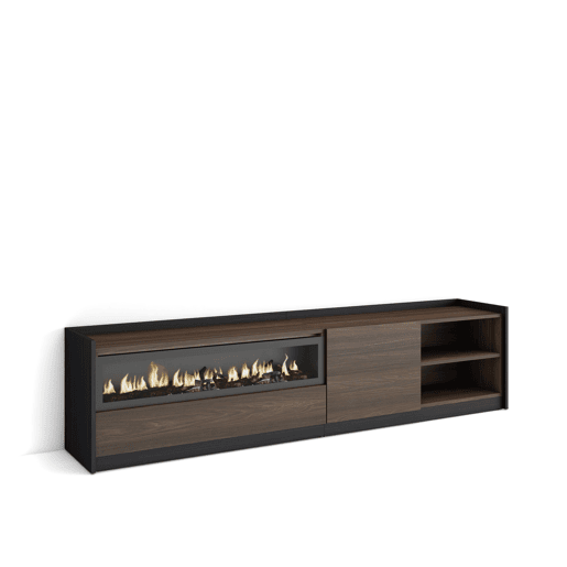 Móvel de TV, Muito espaço de arrumação, 207x37x50 cm, Para televisores até 80, Lareira eléctrica, Estilo moderno, Carvalho escuro e Preto Móvel de TV, Muito espaço de arrumação, 207x37x50 cm, Para televisores até 80, Lareira eléctrica, Estilo moderno, Carvalho escuro e Preto