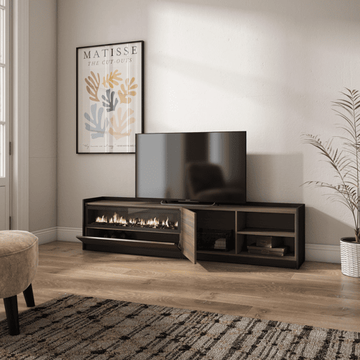 Móvel de TV, Muito espaço de arrumação, 207x37x50 cm, Para televisores até 80, Lareira eléctrica, Estilo moderno, Carvalho escuro e Preto Móvel de TV, Muito espaço de arrumação, 207x37x50 cm, Para televisores até 80, Lareira eléctrica, Estilo moderno, Carvalho escuro e Preto