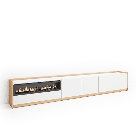 Móvel de TV, Muito espaço de arrumação, 310x37x50 cm, Para televisores até 80, Lareira eléctrica, Estilo moderno, Branco e Carvalho soft Móvel de TV, Muito espaço de arrumação, 310x37x50 cm, Para televisores até 80, Lareira eléctrica, Estilo moderno, Branco e Carvalho soft