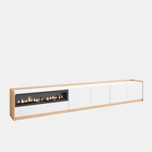 Móvel de TV, Muito espaço de arrumação, 310x37x50 cm, Para televisores até 80, Lareira eléctrica, Estilo moderno, Branco e Carvalho soft