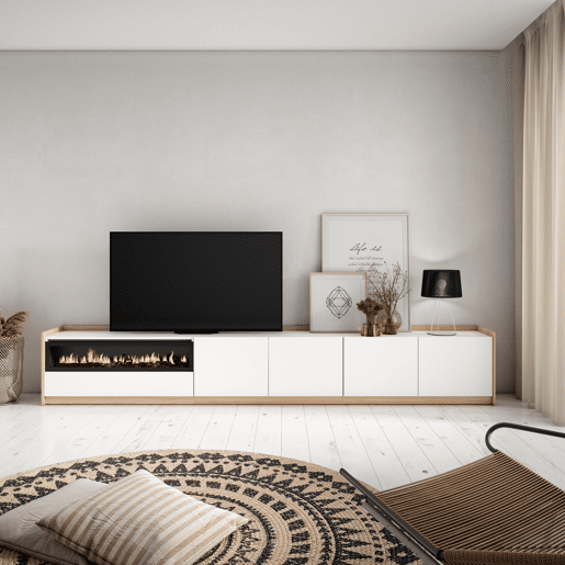 Móvel de TV, Muito espaço de arrumação, 310x37x50 cm, Para televisores até 80, Lareira eléctrica, Estilo moderno, Branco e Carvalho soft Móvel de TV, Muito espaço de arrumação, 310x37x50 cm, Para televisores até 80, Lareira eléctrica, Estilo moderno, Branco e Carvalho soft
