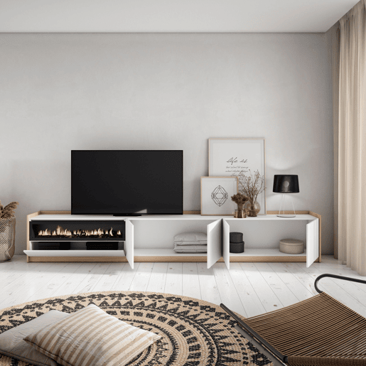 Móvel de TV, Muito espaço de arrumação, 310x37x50 cm, Para televisores até 80, Lareira eléctrica, Estilo moderno, Branco e Carvalho soft Móvel de TV, Muito espaço de arrumação, 310x37x50 cm, Para televisores até 80, Lareira eléctrica, Estilo moderno, Branco e Carvalho soft