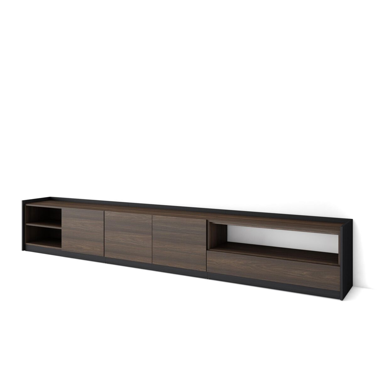 Mueble tv, televisión, muebles de salón, almacenaje, 310x37x50 cm, para tv hasta 80", con almacenamiento, estilo moderno, roble oscuro y negro
