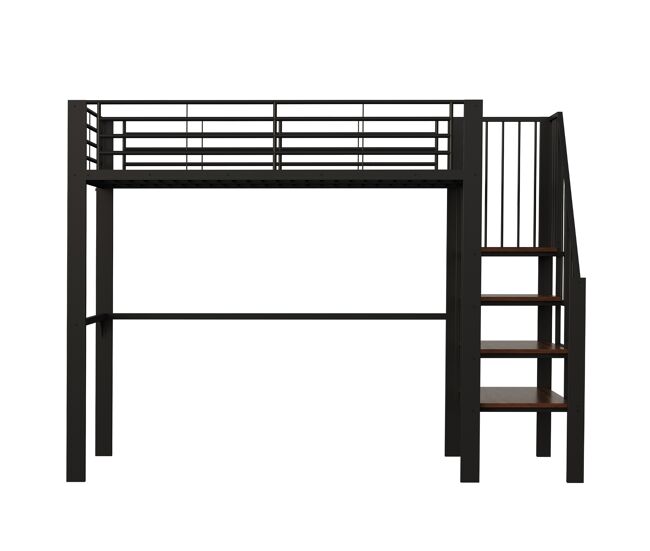 Cama alta metal 90 x 200 cm - estructura estable con amplio almacenamiento bajo la cama y escalera, ideal para niños y adultos - negro