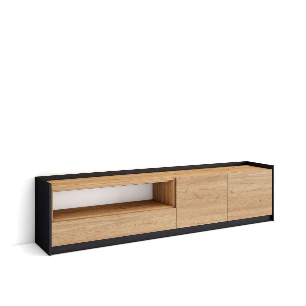 Mueble tv, televisión, muebles de salón, almacenaje, 207x37x50 cm, para tv hasta 80", con almacenamiento, estilo moderno, roble y negro