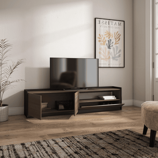 Móvel de TV, Muito espaço de arrumação, 207x37x50 cm, Para televisores até 80, Estante para TV, Estilo moderno, Carvalho escuro e Preto Móvel de TV, Muito espaço de arrumação, 207x37x50 cm, Para televisores até 80, Estante para TV, Estilo moderno, Carvalho escuro e Preto