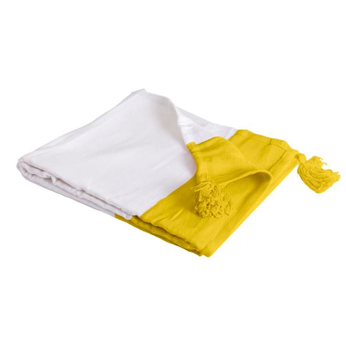 Manta plaid 100% algodón amarillo y blanco con borlas 130x170cm slavann