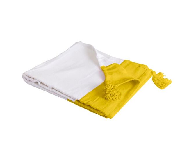 Manta plaid 100% algodón amarillo y blanco con borlas 130x170cm slavann