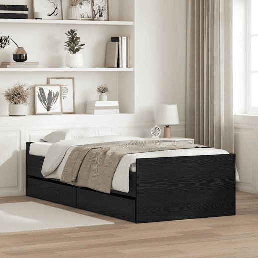 Estrutura de cama de solteiro para adultos com gaveta Carvalho Preto 90 x 190 cm