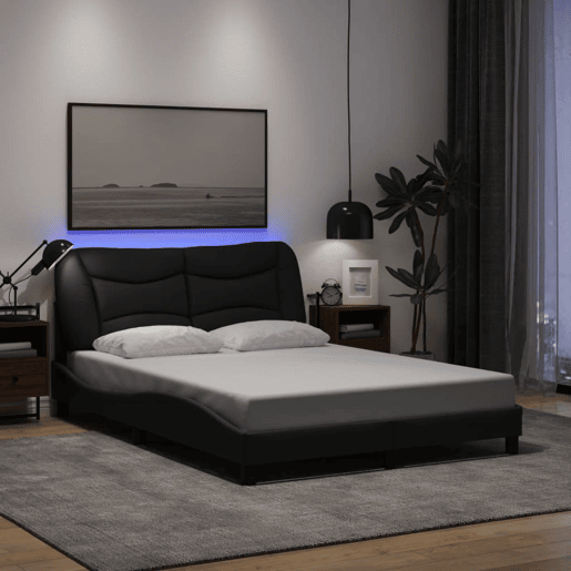 Estrutura de Cama de casal moderno com LED - 140x200 cm tecido preto