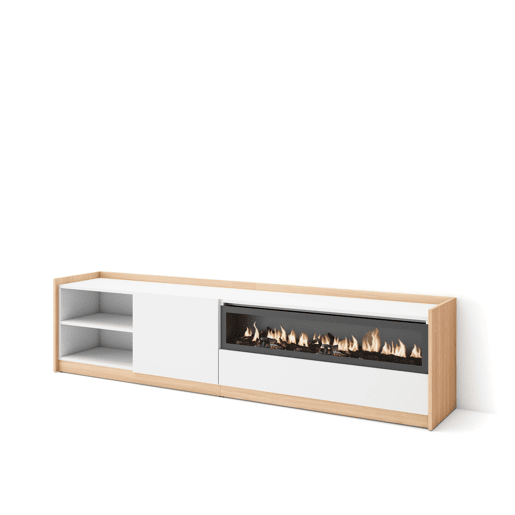 Móvel de TV, Muito espaço de arrumação, 207x37x50 cm, Para televisores até 80, Lareira eléctrica, Estilo moderno, Branco e Carvalho soft