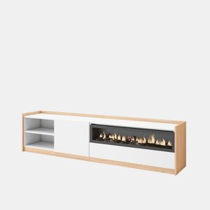 Móvel de TV, Muito espaço de arrumação, 207x37x50 cm, Para televisores até 80, Lareira eléctrica, Estilo moderno, Branco e Carvalho soft