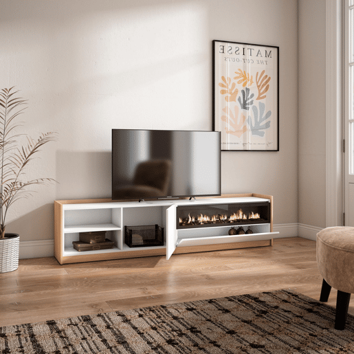 Móvel de TV, Muito espaço de arrumação, 207x37x50 cm, Para televisores até 80, Lareira eléctrica, Estilo moderno, Branco e Carvalho soft