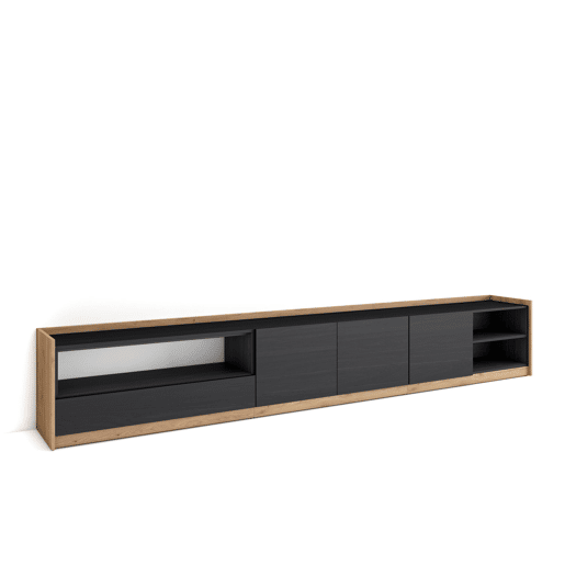 Móvel de TV, Muito espaço de arrumação, 310x37x50 cm, Para televisores até 80, Estante para TV, Estilo moderno, Preto e Carvalho
