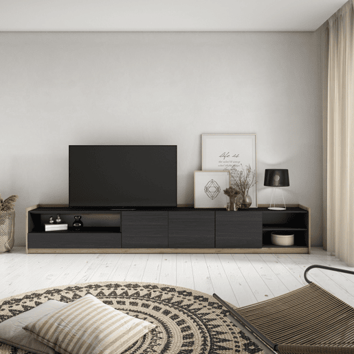 Móvel de TV, Muito espaço de arrumação, 310x37x50 cm, Para televisores até 80, Estante para TV, Estilo moderno, Preto e Carvalho