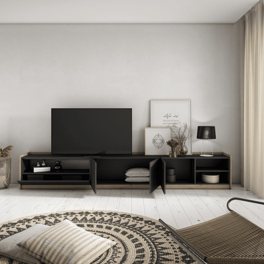 Móvel de TV, Muito espaço de arrumação, 310x37x50 cm, Para televisores até 80, Estante para TV, Estilo moderno, Preto e Carvalho