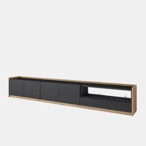 Móvel de TV, Muito espaço de arrumação, 310x37x50 cm, Para televisores até 80, Estante para TV, Estilo moderno, Preto e Carvalho