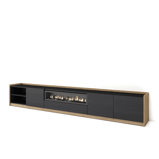 Móvel de TV, Muito espaço de arrumação, 310x37x50 cm, Para televisores até 80, Lareira eléctrica, Estilo moderno, Preto e Carvalho