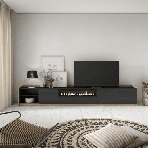 Móvel de TV, Muito espaço de arrumação, 310x37x50 cm, Para televisores até 80, Lareira eléctrica, Estilo moderno, Preto e Carvalho