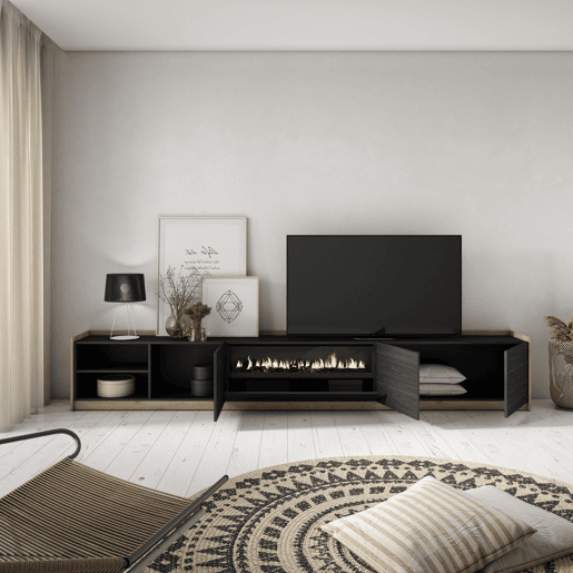 Móvel de TV, Muito espaço de arrumação, 310x37x50 cm, Para televisores até 80, Lareira eléctrica, Estilo moderno, Preto e Carvalho