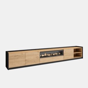 Móvel de TV, Muito espaço de arrumação, 310x37x50 cm, Para televisores até 80, Lareira eléctrica, Estilo moderno, Carvalho e preto