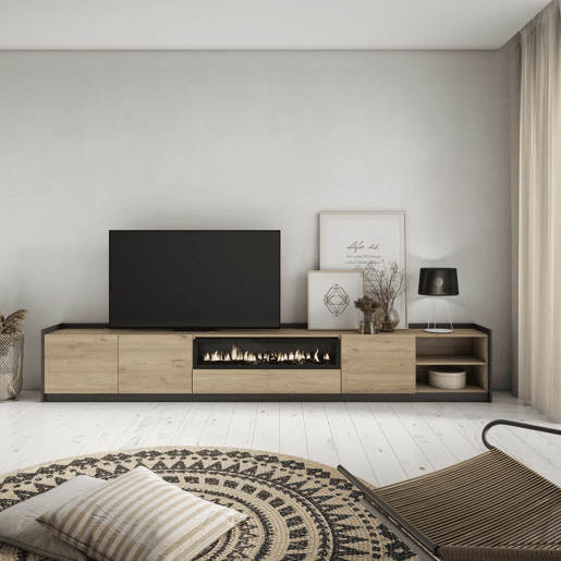 Móvel de TV, Muito espaço de arrumação, 310x37x50 cm, Para televisores até 80, Lareira eléctrica, Estilo moderno, Carvalho e preto Móvel de TV, Muito espaço de arrumação, 310x37x50 cm, Para televisores até 80, Lareira eléctrica, Estilo moderno, Carvalho e preto