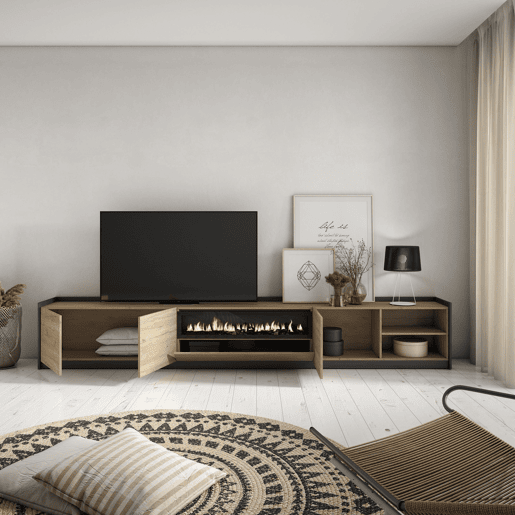 Móvel de TV, Muito espaço de arrumação, 310x37x50 cm, Para televisores até 80, Lareira eléctrica, Estilo moderno, Carvalho e preto Móvel de TV, Muito espaço de arrumação, 310x37x50 cm, Para televisores até 80, Lareira eléctrica, Estilo moderno, Carvalho e preto