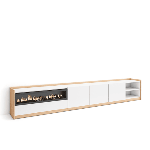 Móvel de TV, Muito espaço de arrumação, 310x37x50 cm, Para televisores até 80, Lareira eléctrica, Estilo moderno, Branco e Carvalho soft Móvel de TV, Muito espaço de arrumação, 310x37x50 cm, Para televisores até 80, Lareira eléctrica, Estilo moderno, Branco e Carvalho soft