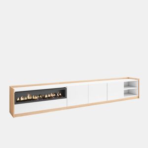 Móvel de TV, Muito espaço de arrumação, 310x37x50 cm, Para televisores até 80, Lareira eléctrica, Estilo moderno, Branco e Carvalho soft