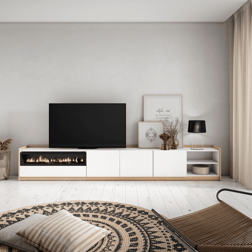 Móvel de TV, Muito espaço de arrumação, 310x37x50 cm, Para televisores até 80, Lareira eléctrica, Estilo moderno, Branco e Carvalho soft Móvel de TV, Muito espaço de arrumação, 310x37x50 cm, Para televisores até 80, Lareira eléctrica, Estilo moderno, Branco e Carvalho soft
