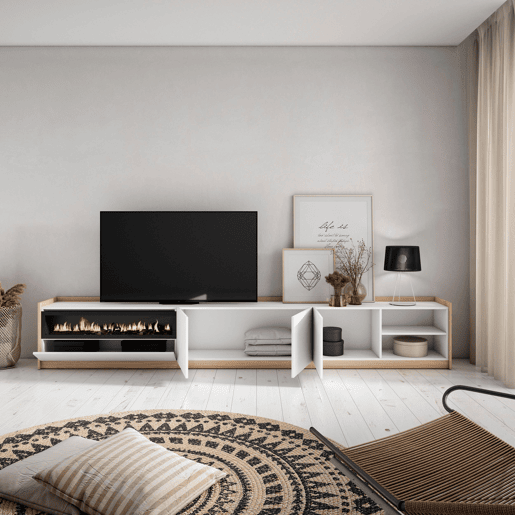 Móvel de TV, Muito espaço de arrumação, 310x37x50 cm, Para televisores até 80, Lareira eléctrica, Estilo moderno, Branco e Carvalho soft Móvel de TV, Muito espaço de arrumação, 310x37x50 cm, Para televisores até 80, Lareira eléctrica, Estilo moderno, Branco e Carvalho soft
