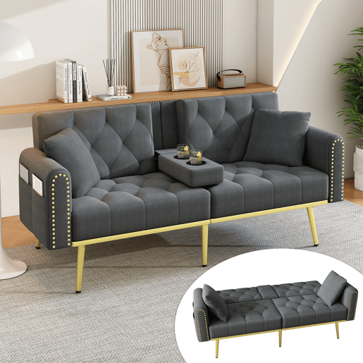 Sofá-cama dobrável 2 lugares fixa de veludo,cinza