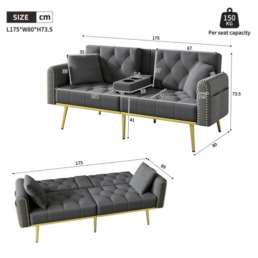 Sofá-cama dobrável 2 lugares fixa de veludo,cinza