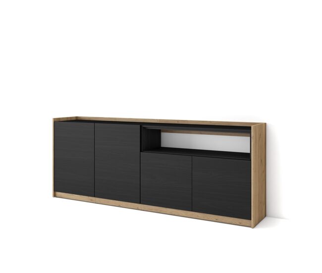 Aparador para salón, gran capacidad de almacenaje, 207x37x80 cm, 4 puertas, armario, zapatero, estilo moderno, negro y roble