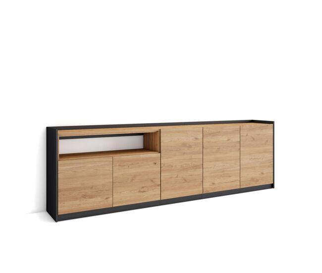 Aparador para salón, gran capacidad de almacenaje, 260x37x80 cm, 5 puertas, armario, zapatero, estilo moderno, roble y negro