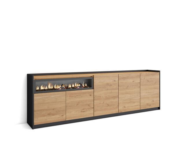 Aparador para salón, gran capacidad de almacenaje, 260x37x80 cm, 5 puertas, chimenea eléctrica, estilo moderno, roble y negro
