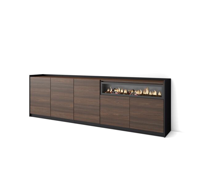 Aparador para salón, gran capacidad de almacenaje, 260x37x80 cm, 5 puertas, chimenea eléctrica, estilo moderno, roble oscuro y negro