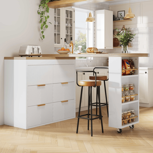 Mesa de bar - 6 gavetas, mesa multifuncional giratória a 360°, aparador com sistema anti-tombamento - Branco