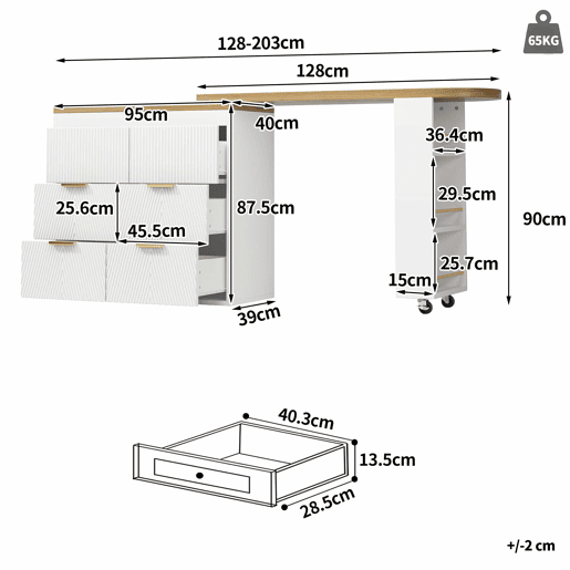 Mesa de bar - 6 gavetas, mesa multifuncional giratória a 360°, aparador com sistema anti-tombamento - Branco