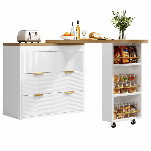 Mesa de bar - 6 gavetas, mesa multifuncional giratória a 360°, aparador com sistema anti-tombamento - Branco
