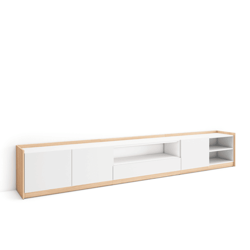 Móvel de TV, Muito espaço de arrumação, 310x37x50 cm, Para televisores até 80, Estante para TV, Estilo moderno, Branco e Carvalho soft Móvel de TV, Muito espaço de arrumação, 310x37x50 cm, Para televisores até 80, Estante para TV, Estilo moderno, Branco e Carvalho soft