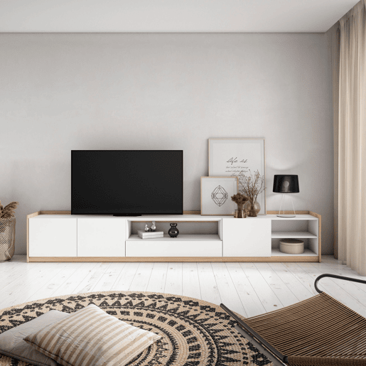Móvel de TV, Muito espaço de arrumação, 310x37x50 cm, Para televisores até 80, Estante para TV, Estilo moderno, Branco e Carvalho soft Móvel de TV, Muito espaço de arrumação, 310x37x50 cm, Para televisores até 80, Estante para TV, Estilo moderno, Branco e Carvalho soft