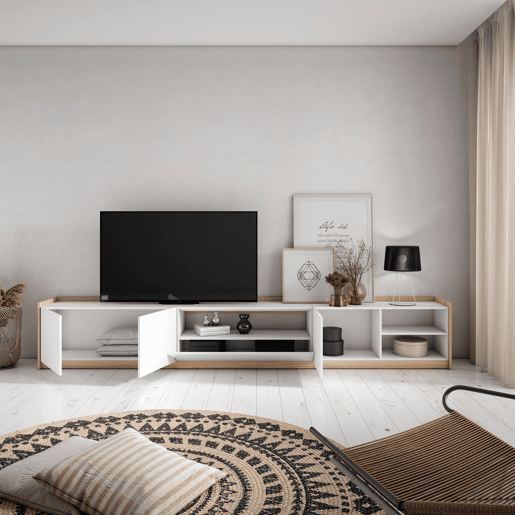 Móvel de TV, Muito espaço de arrumação, 310x37x50 cm, Para televisores até 80, Estante para TV, Estilo moderno, Branco e Carvalho soft Móvel de TV, Muito espaço de arrumação, 310x37x50 cm, Para televisores até 80, Estante para TV, Estilo moderno, Branco e Carvalho soft